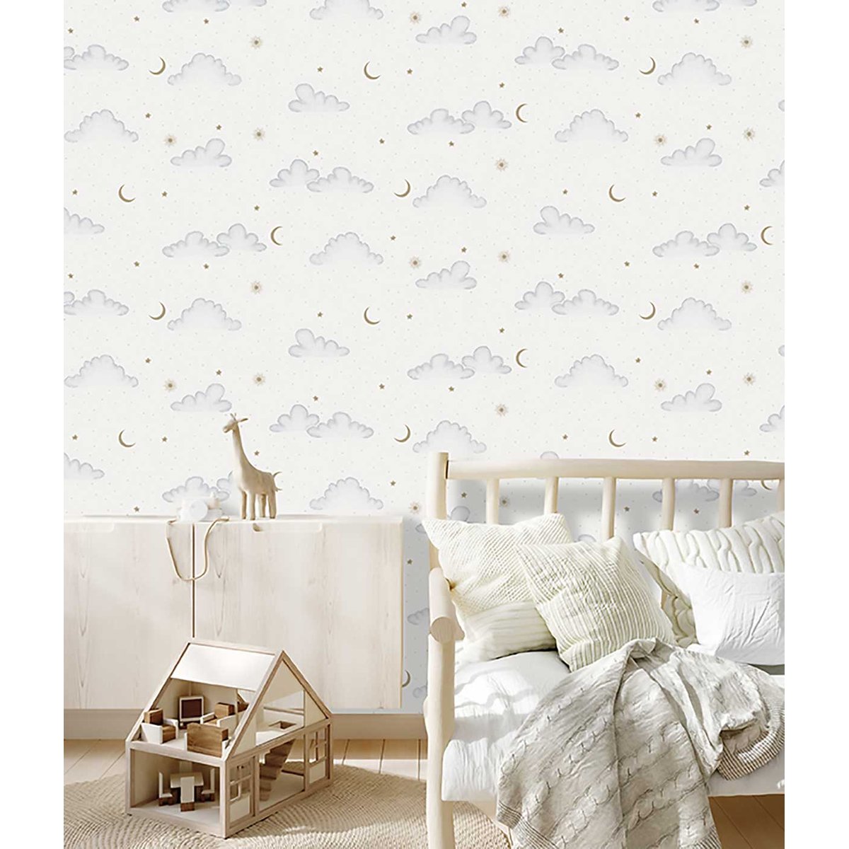 Papier peint nuages étoiles lune fond crème bleu, HEXOA