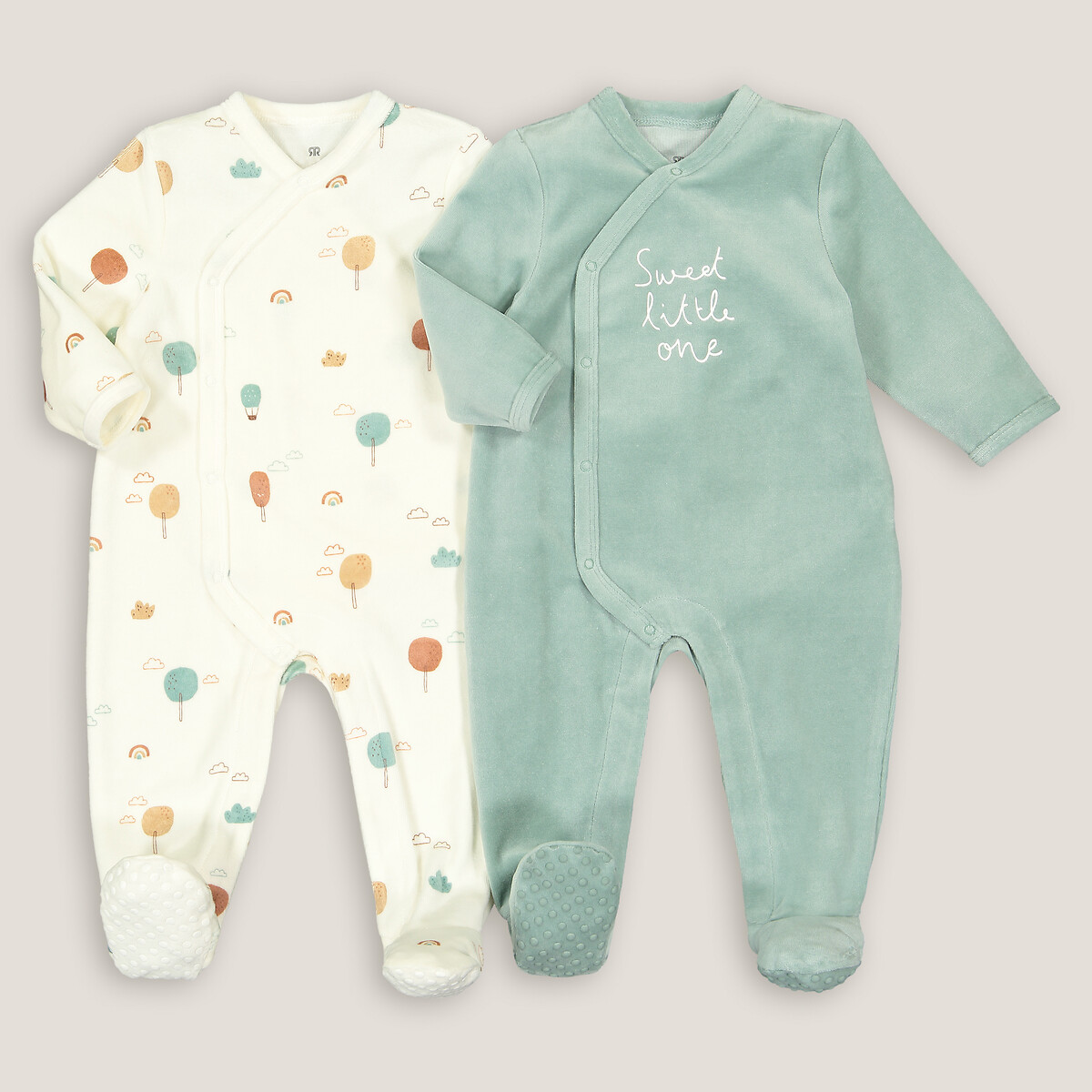 Lot de 2 pyjamas 1 pièce en velours ecru + turquoise, LA REDOUTE COLLECTIONS