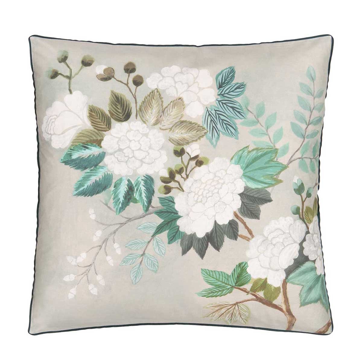 Taie d'oreiller imprimée en satin de coton, FLEUR ORIENTALE vert céladon, DESIGNERS GUILD