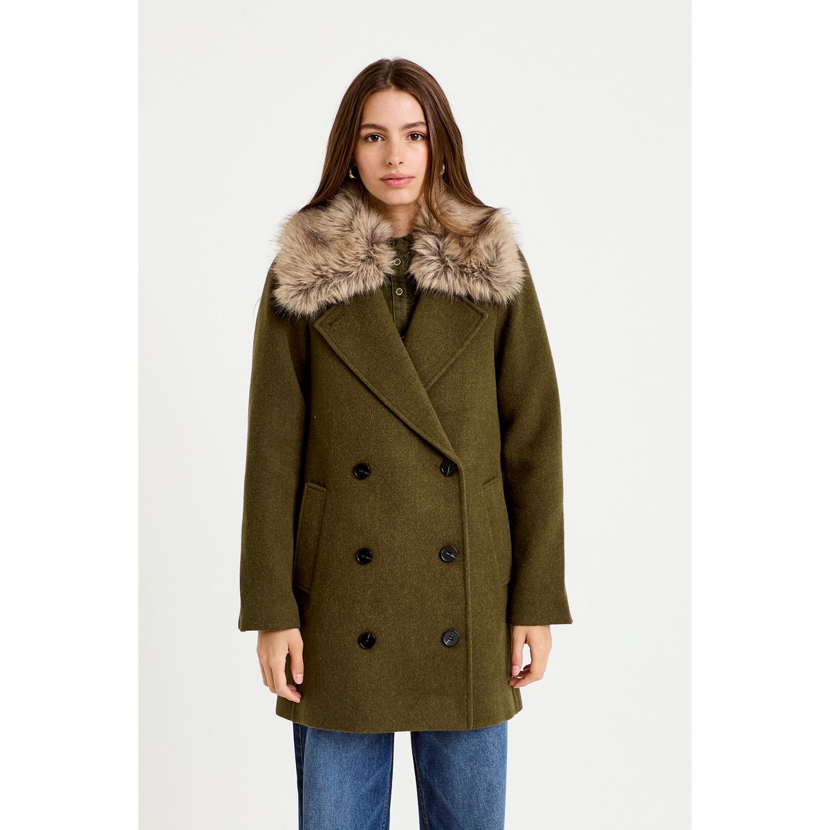 Manteau droit mi-long col tailleur vert kaki, CACHE CACHE