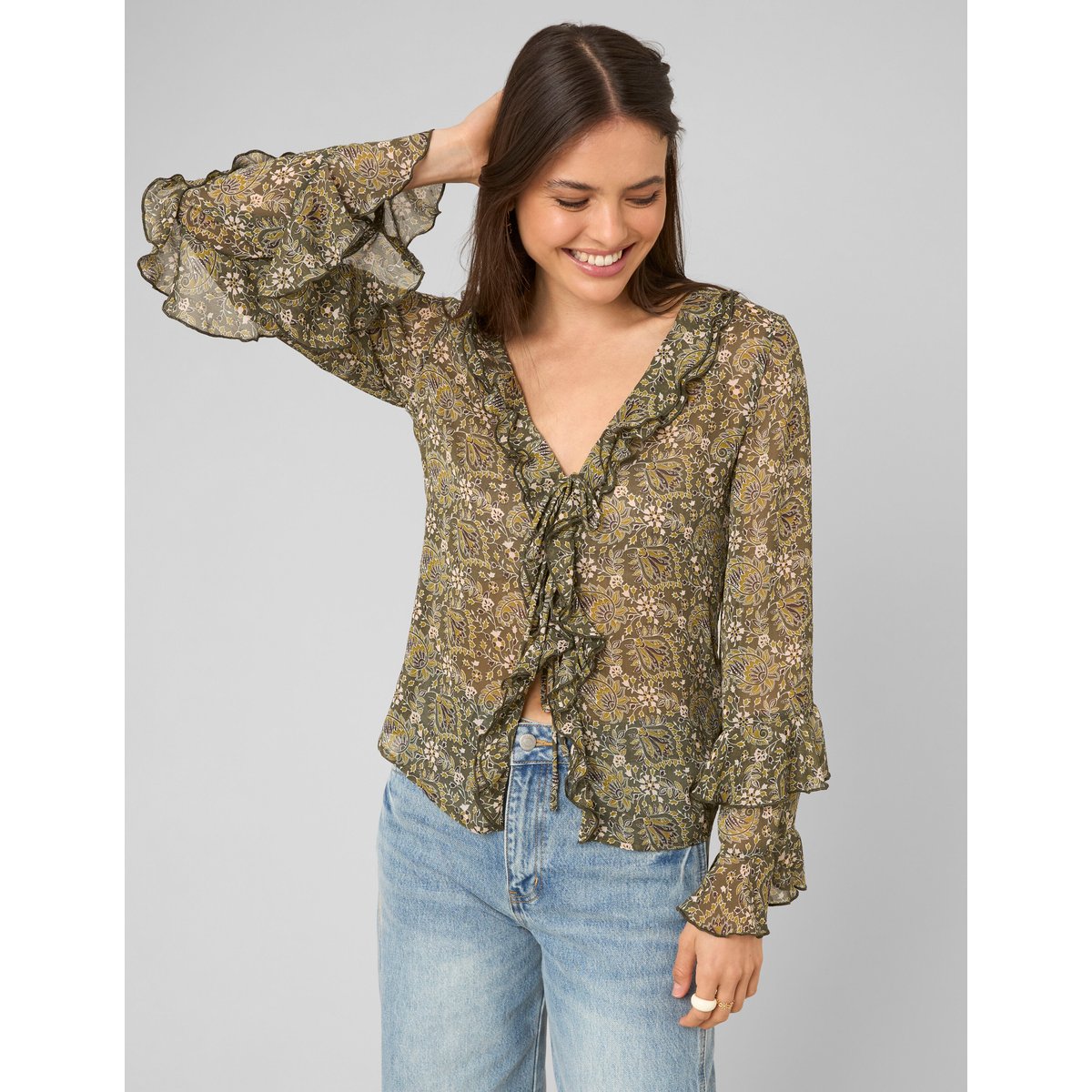 Blouse imprimée volantée multicolore, BZB