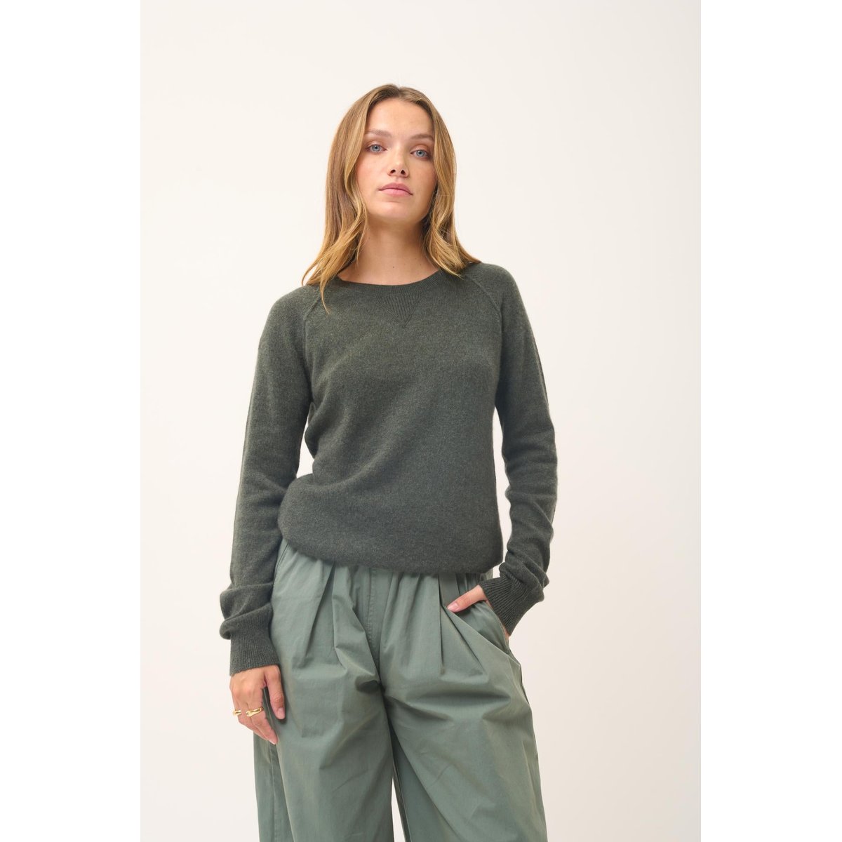 Pull Col Rond Kaki Chiné Helen kaki chiné, JUST CASHMERE