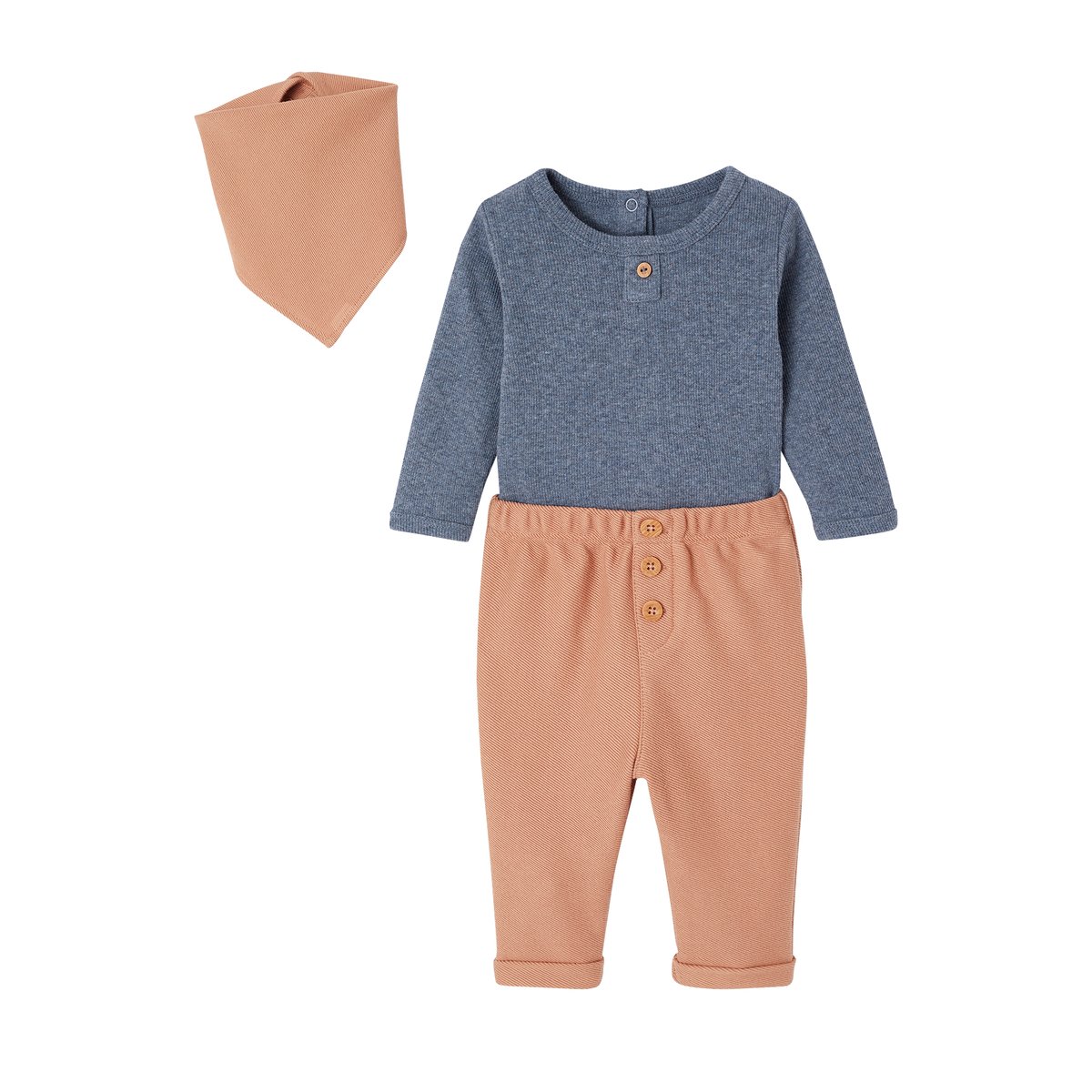 Ensemble 3 pièces naissance body + pantalon + foulard camel, VERTBAUDET