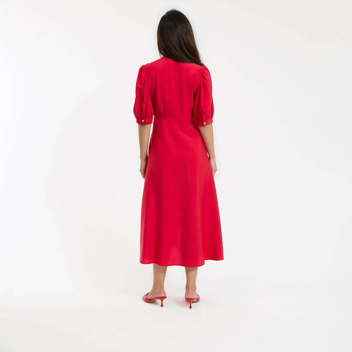 Lange jurk, V-hals, elleboogmouwen rood, LA REDOUTE COLLECTIONS