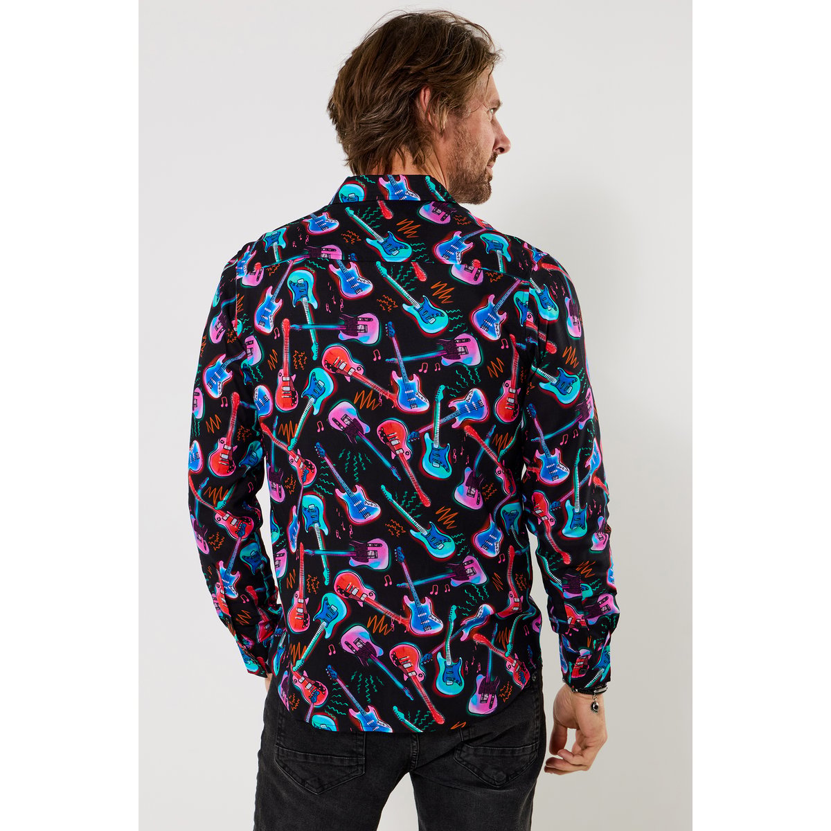 Chemise à manches longues imprimé guitare néon multicolore, JOE BROWNS