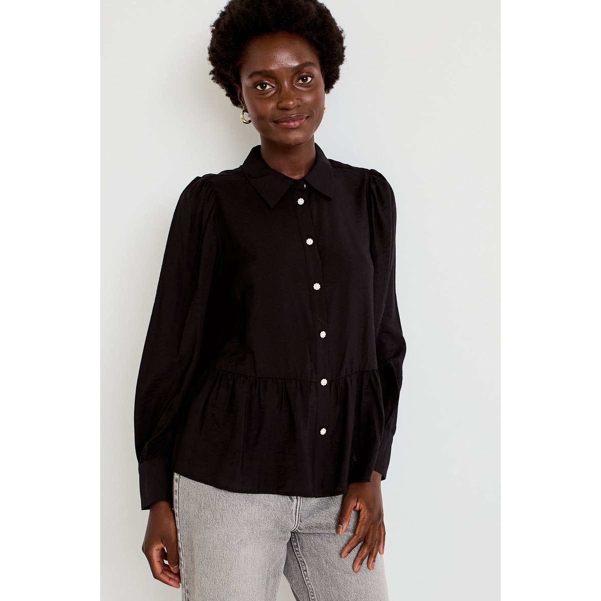 Chemise droite plissée col américain noir, CACHE CACHE