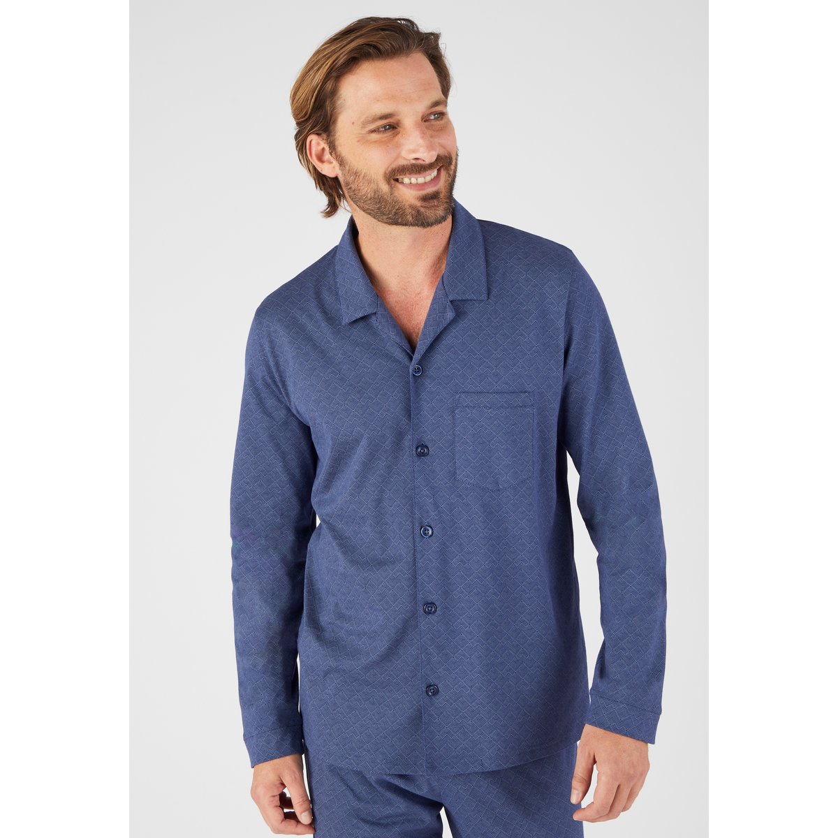 Pyjama boutonné pur coton peigné marine bleu marine géométrique, DAMART