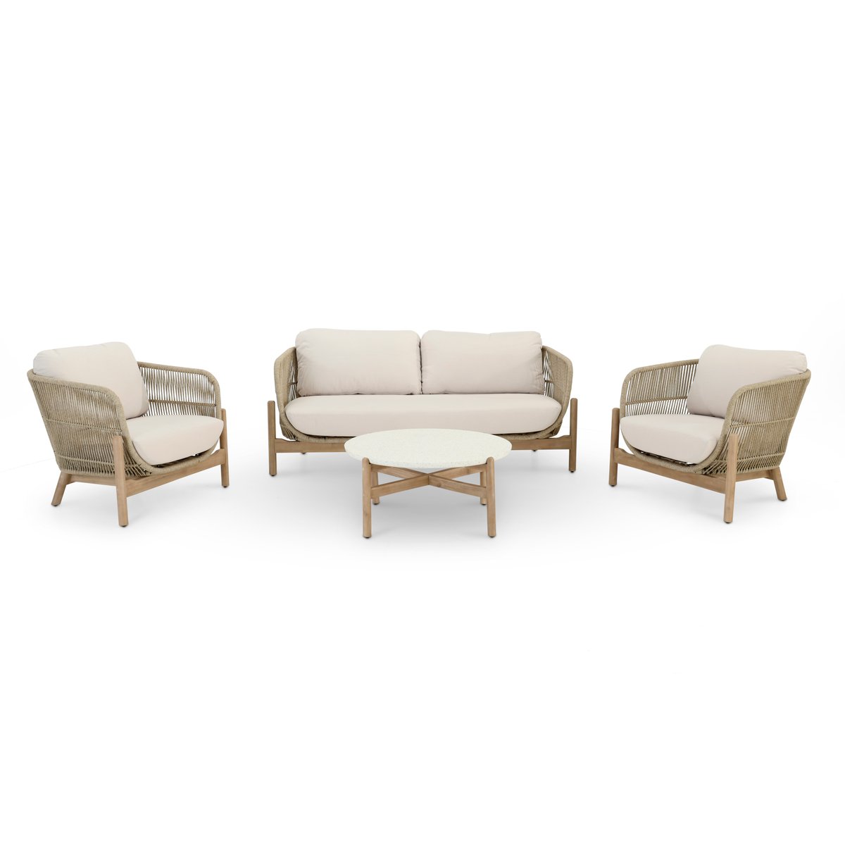 Salon de jardin 4 places, bois, PROVENZA structure bois clair, corde beige, coussin écru, DEFORA HOME