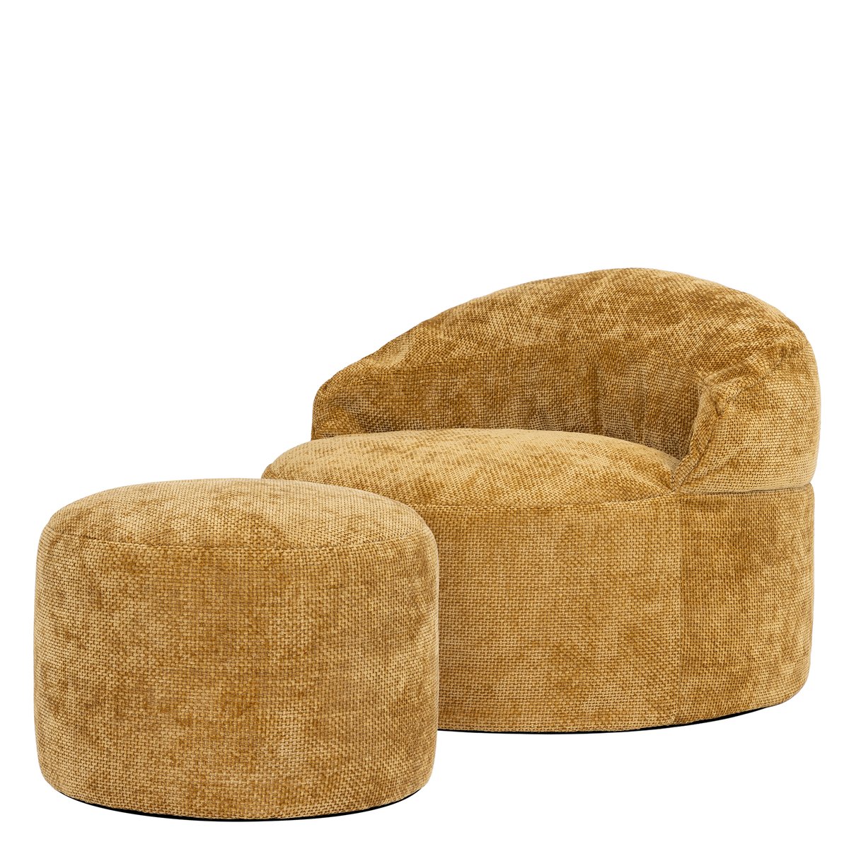 Pouf fauteuil d’appoint décoratif et son repose-pied rond en tissu chenille Oeko-Tex® - ORB moutarde, ICON