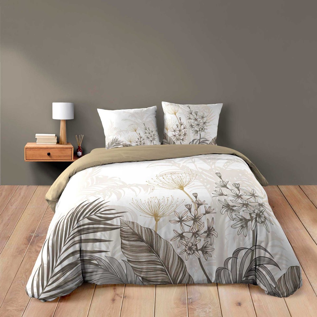 Parure de lit 3 pièces coton motif feuillage floral housse + 2 taies blanc, DOUCEUR D'INTÉRIEUR
