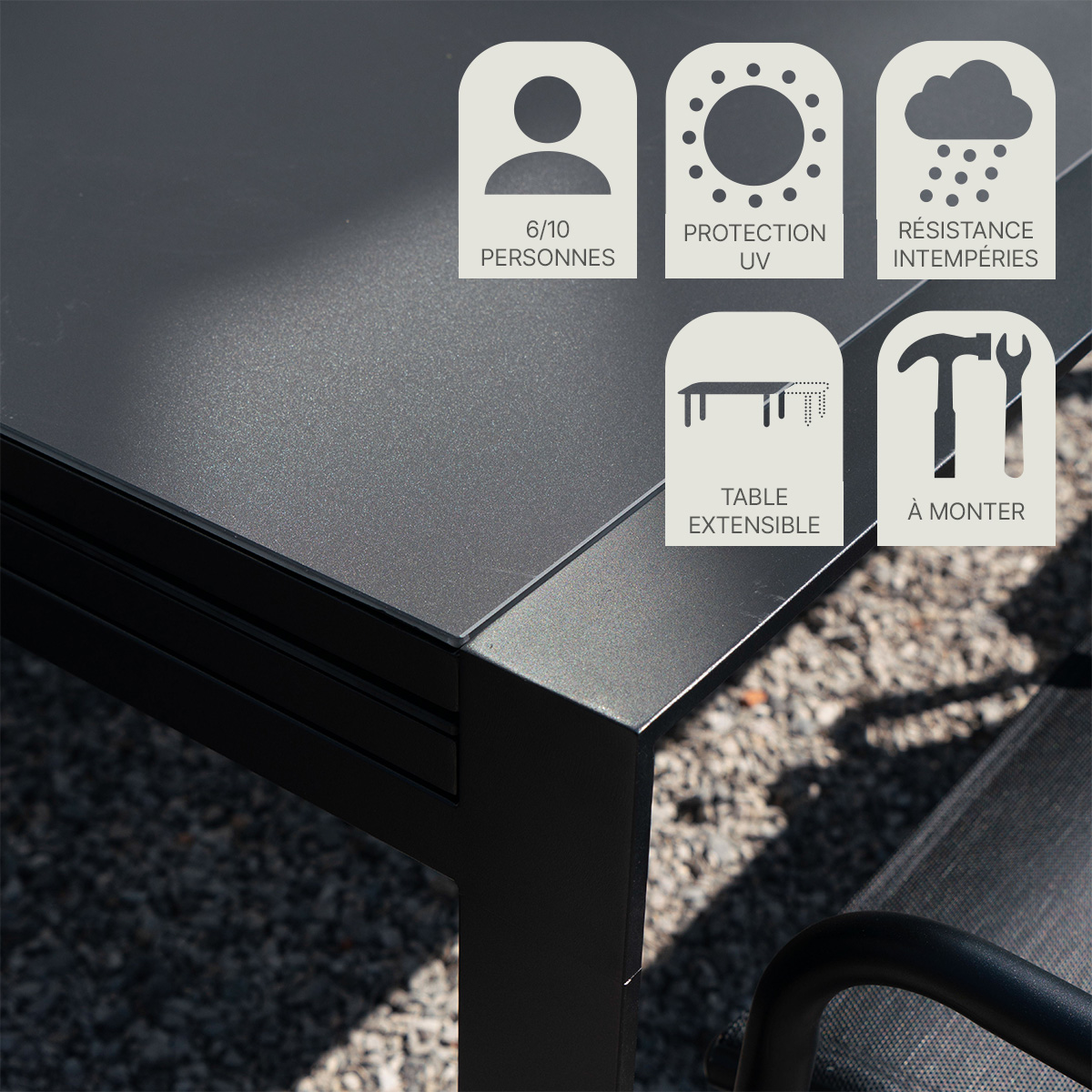 Ensemble 6/10p alu, verre, 8 fauteuils MODULO noir, WILSA GARDEN
