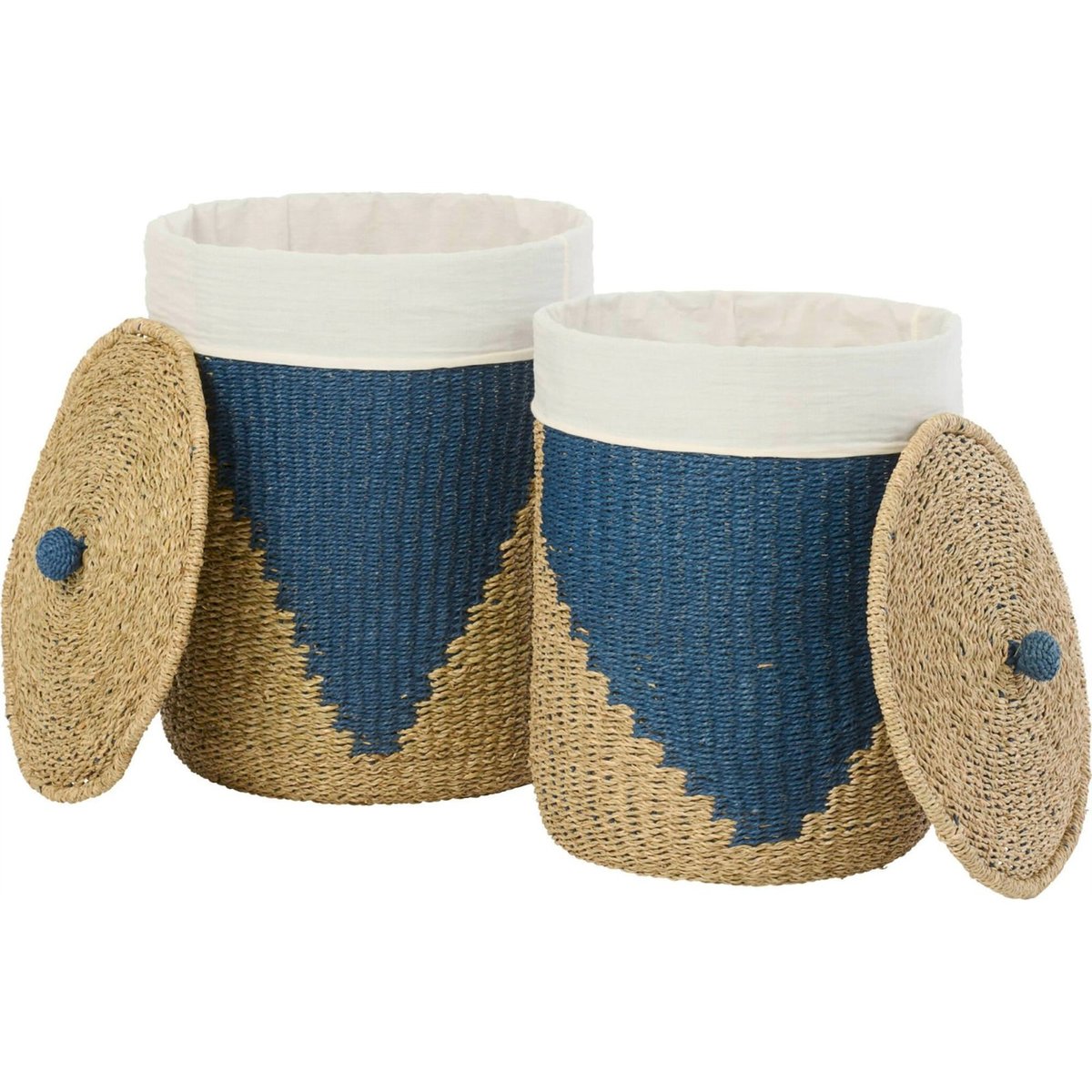 Set de 2 paniers en papier tressé, Couvercle naturel et bleu, RECOLLECTION