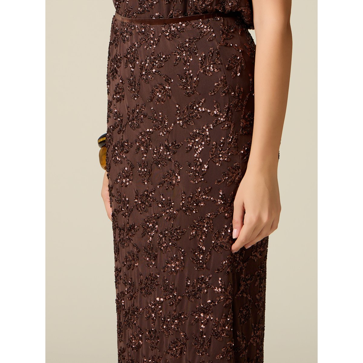 Jupe crayon en tulle à paillettes marron, OLTRE