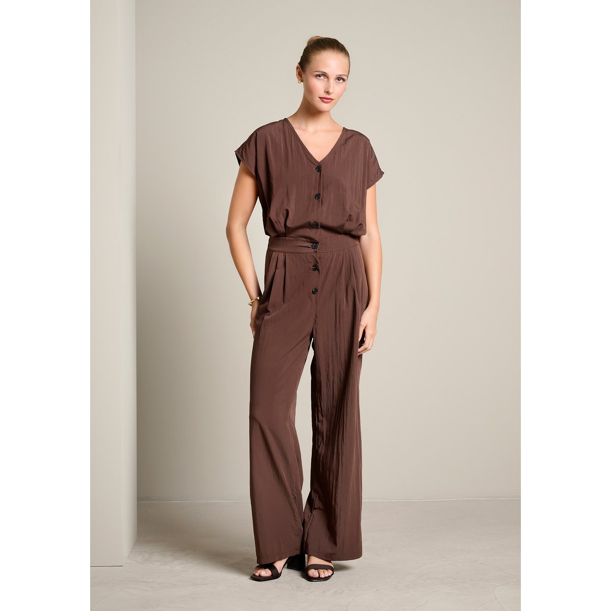 Combinaison fluide boutonnée brun fonce chocolate, LOLALIZA