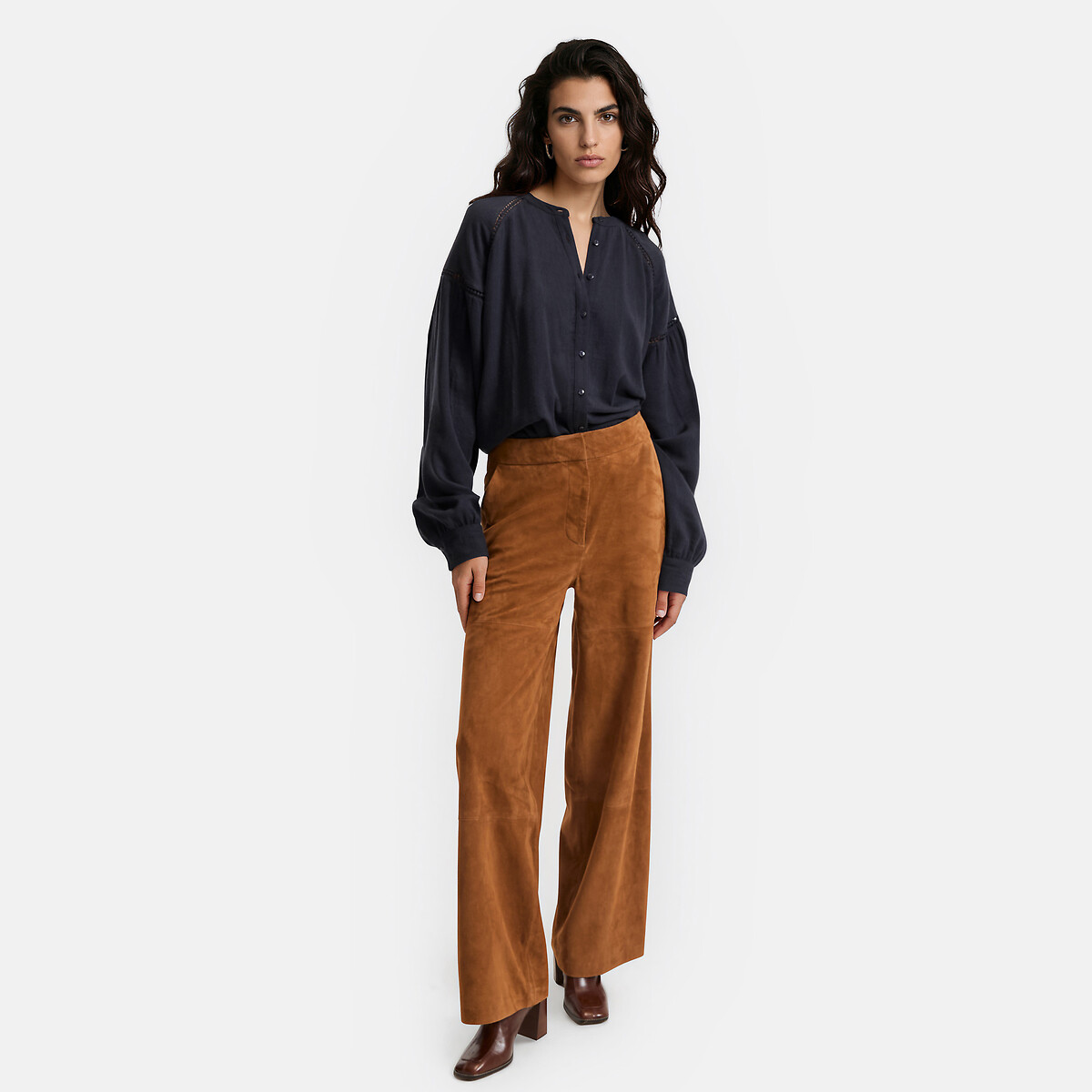 Long Sleeve Crew Neck Openwork Detail Blouse navy blue, LA REDOUTE COLLECTIONS