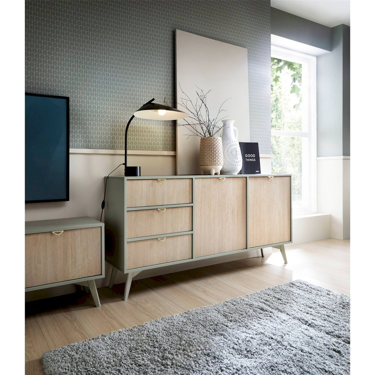Buffet FAVORIA portes et tiroirs beżowy et jodełka scandi, RECOLLECTION