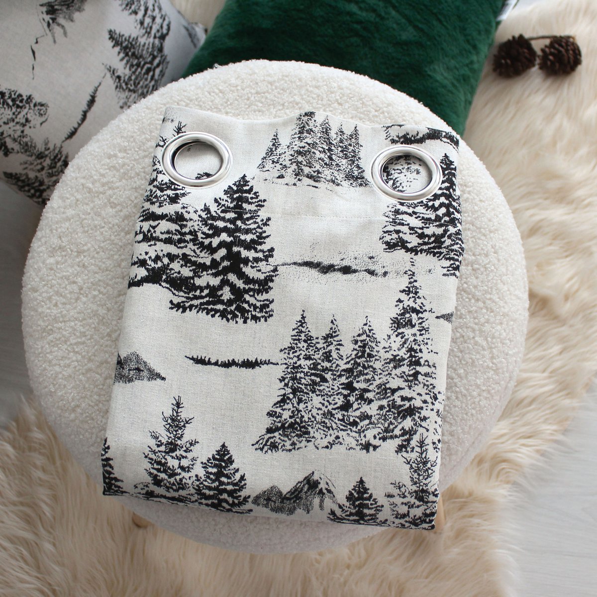 Rideau imprimé montagne en coton recyclé gris anthracite, HOME MAISON