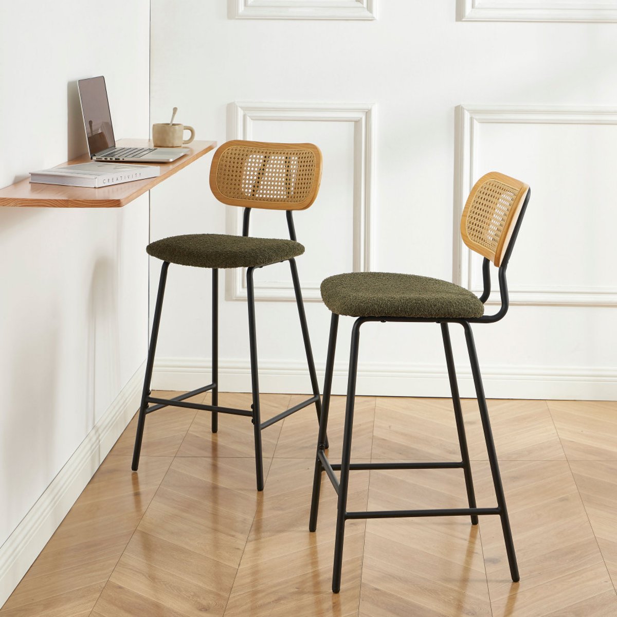 Lot de 2 tabourets de bar en tissu bouclette et métal H66,5cm- EMA vert, DRAWER