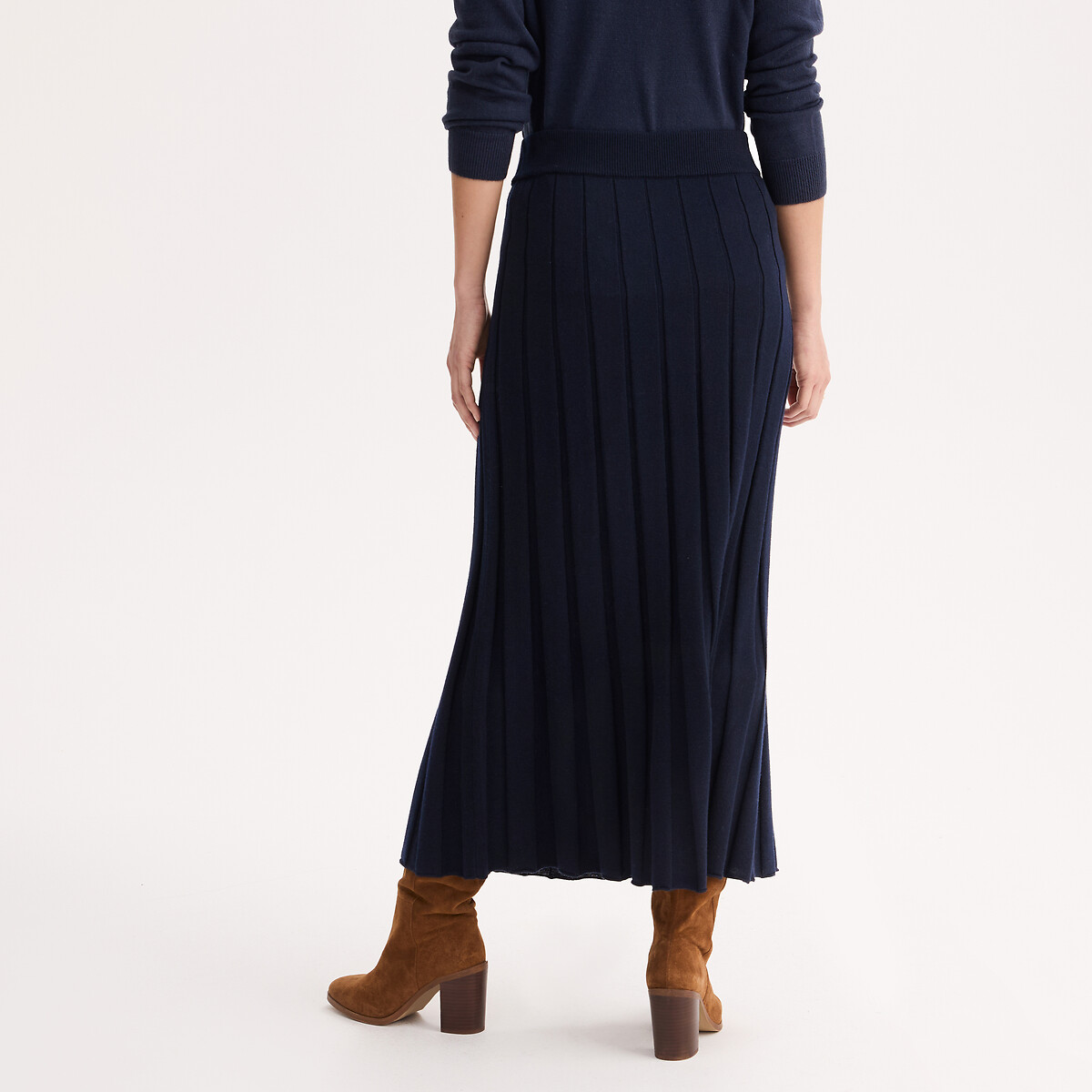 Jupe plissée en tricot, longue marine, ANNE WEYBURN