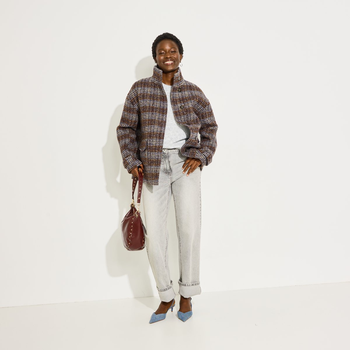 Manteau court à carreaux marron, GRAIN DE MALICE