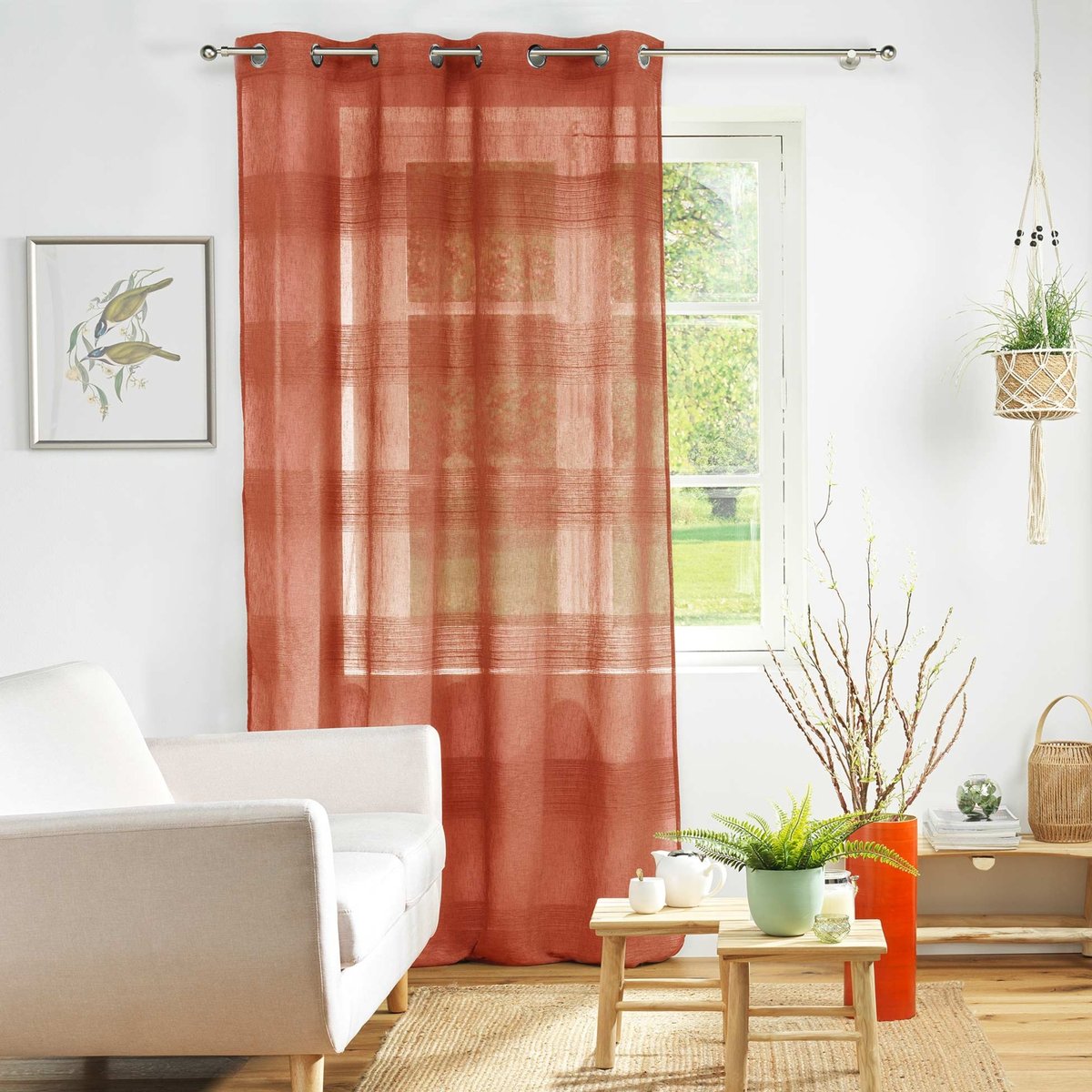 Voilage rayé fils chenille - Effet lin terracotta, DOUCEUR D'INTÉRIEUR