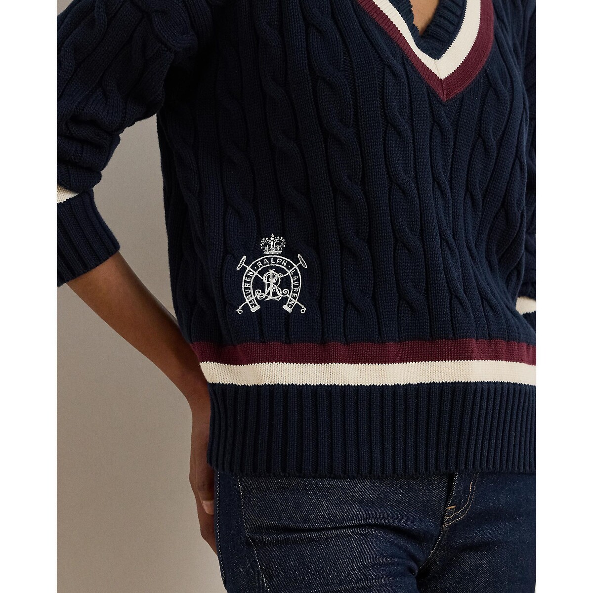 Pull côtelé à col V à manches longues marine, LAUREN RALPH LAUREN