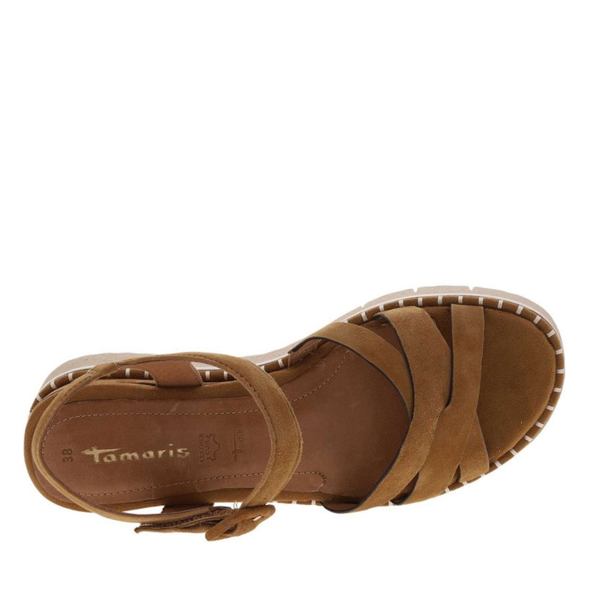 Sandales en cuir cognac à semelle compensée bas et à boucle à ardillon brun, TAMARIS