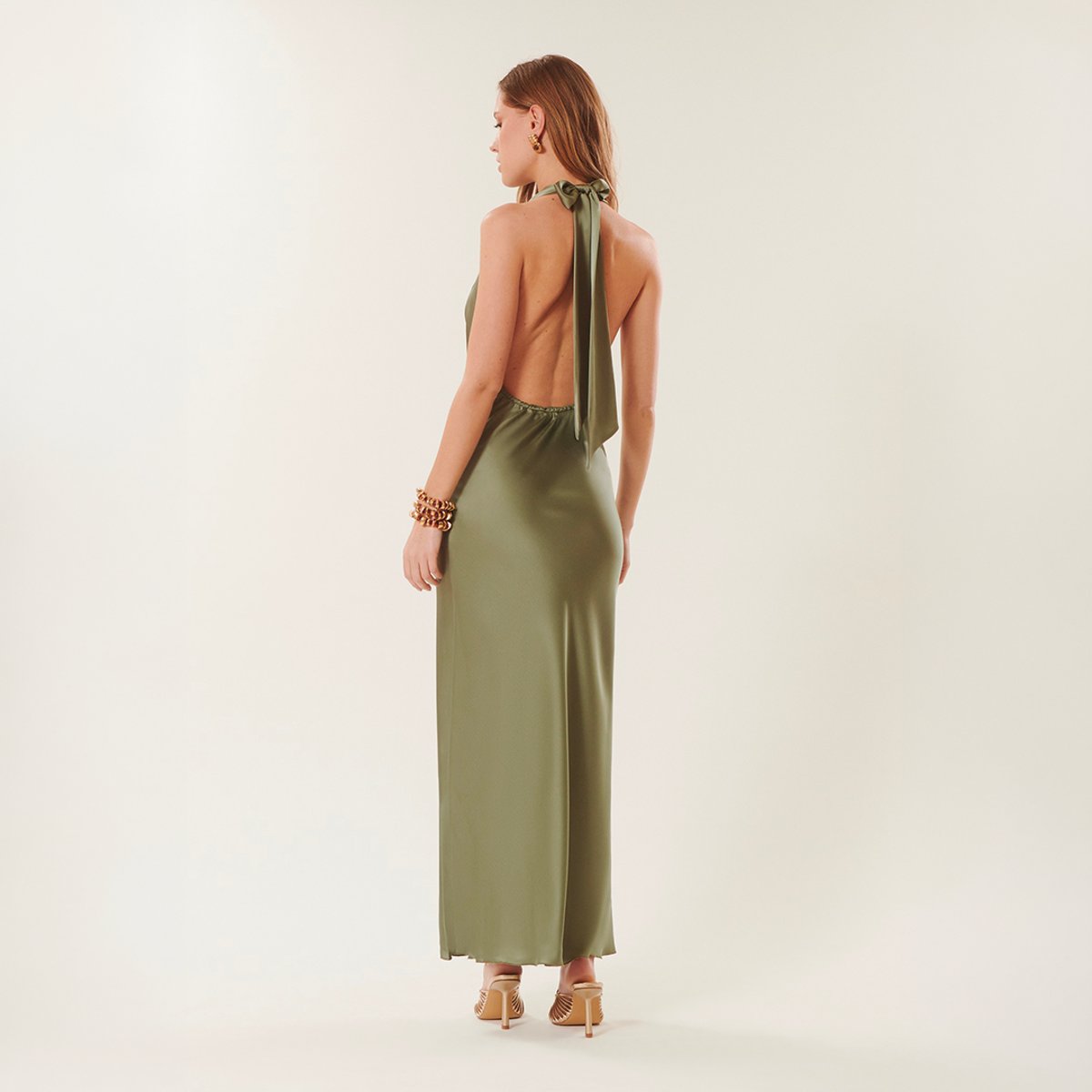 Robe dos-nu satinée PREZIOSA vert amande, BENOA