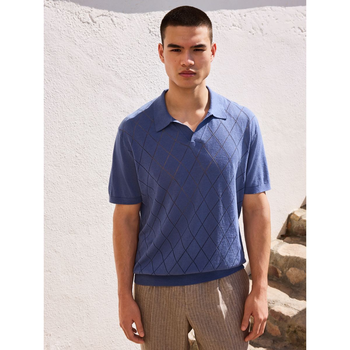 Polo col trophy en lin majoritaire n. premium argyle bleu, NEXT