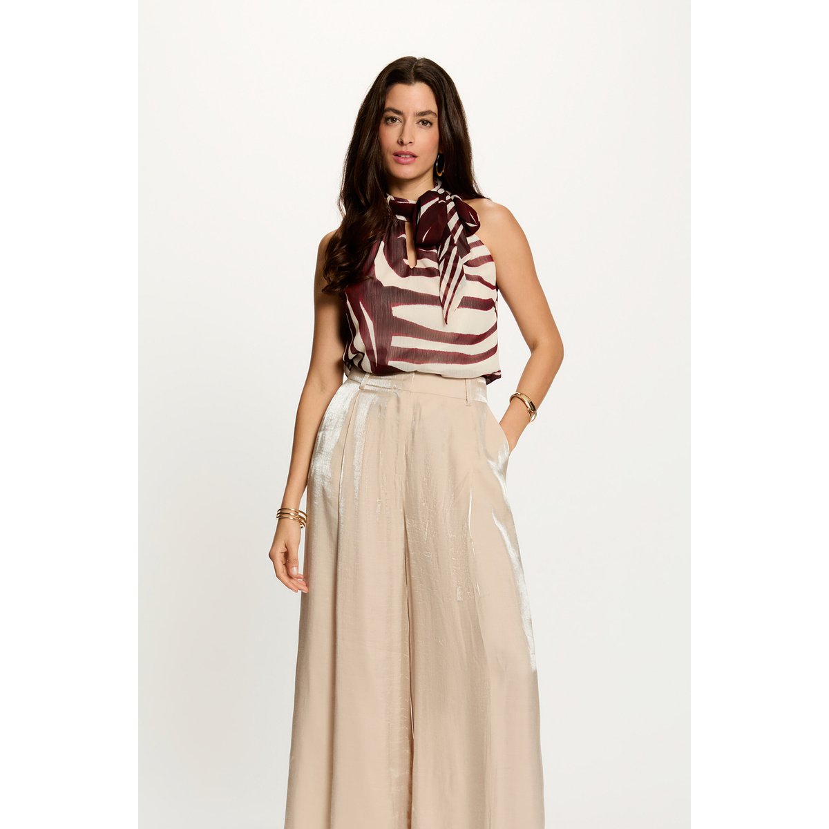 Top plissé col lavallière multicolore, MORGAN