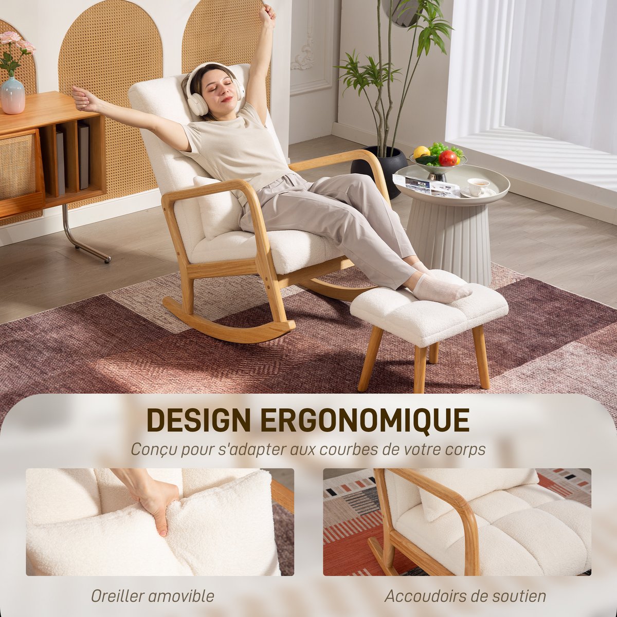 Ensemble de fauteuils à bascule Tissu blanc, HOMCOM