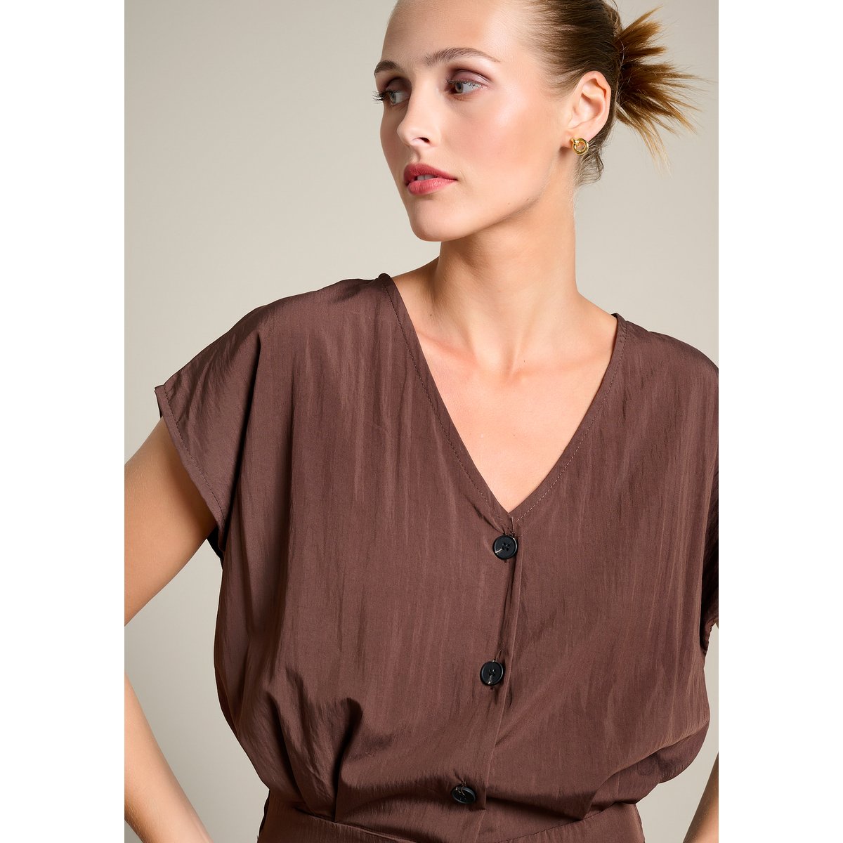 Combinaison fluide boutonnée brun fonce chocolate, LOLALIZA