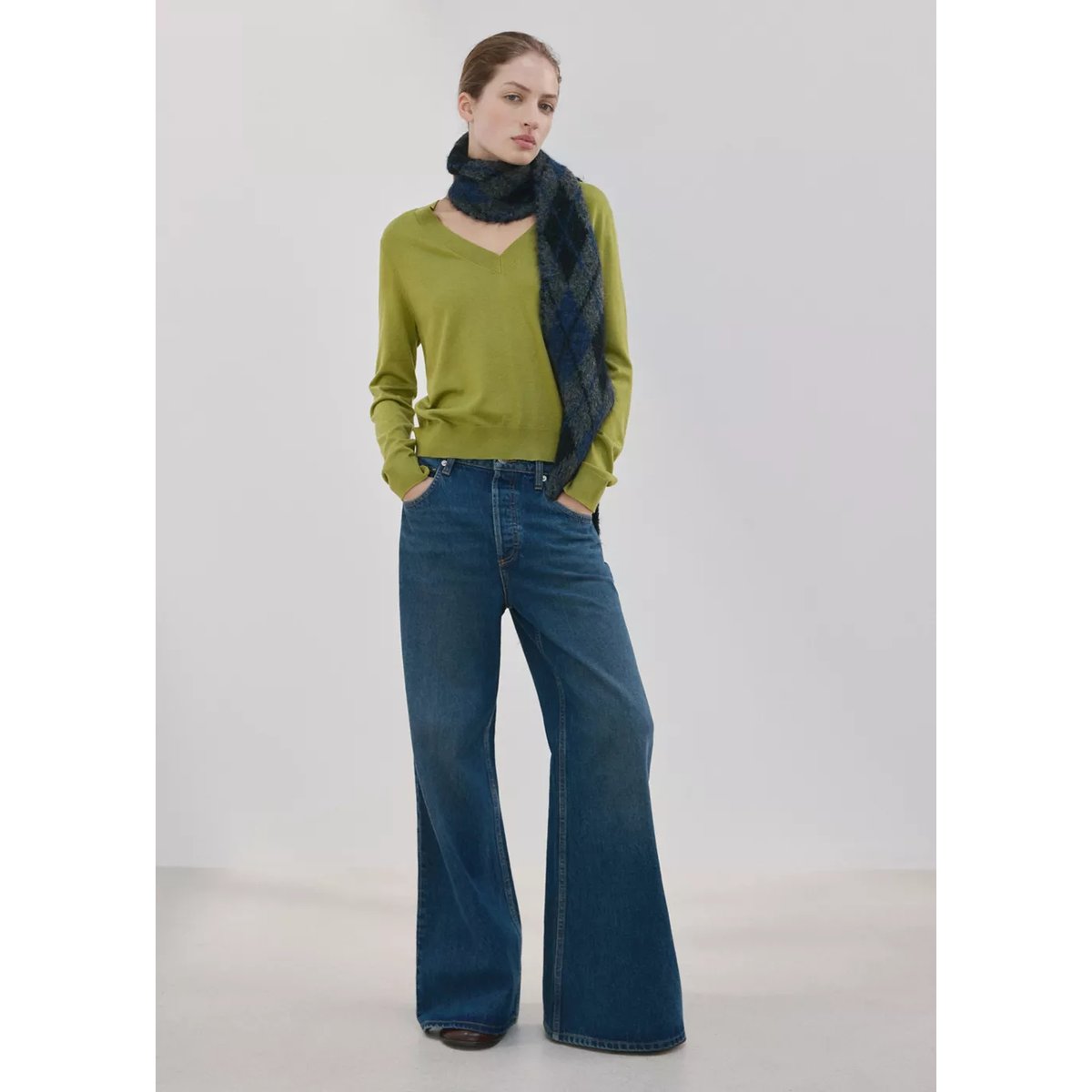 Pull-over maille col en V vert, MANGO