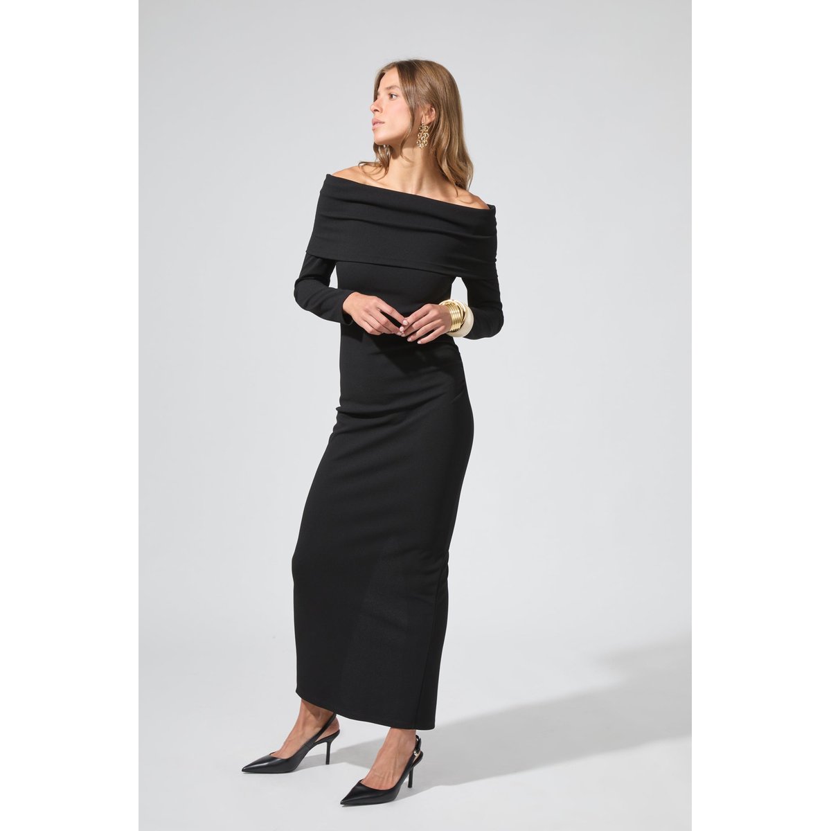 Robe longue encolure bardot ELIZABETH noir, BENOA