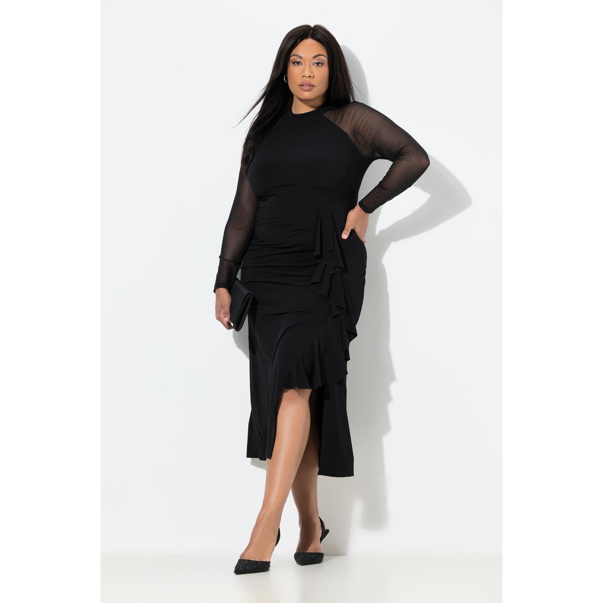 Robe longueur maxi, effet drapé noir, ULLA POPKEN