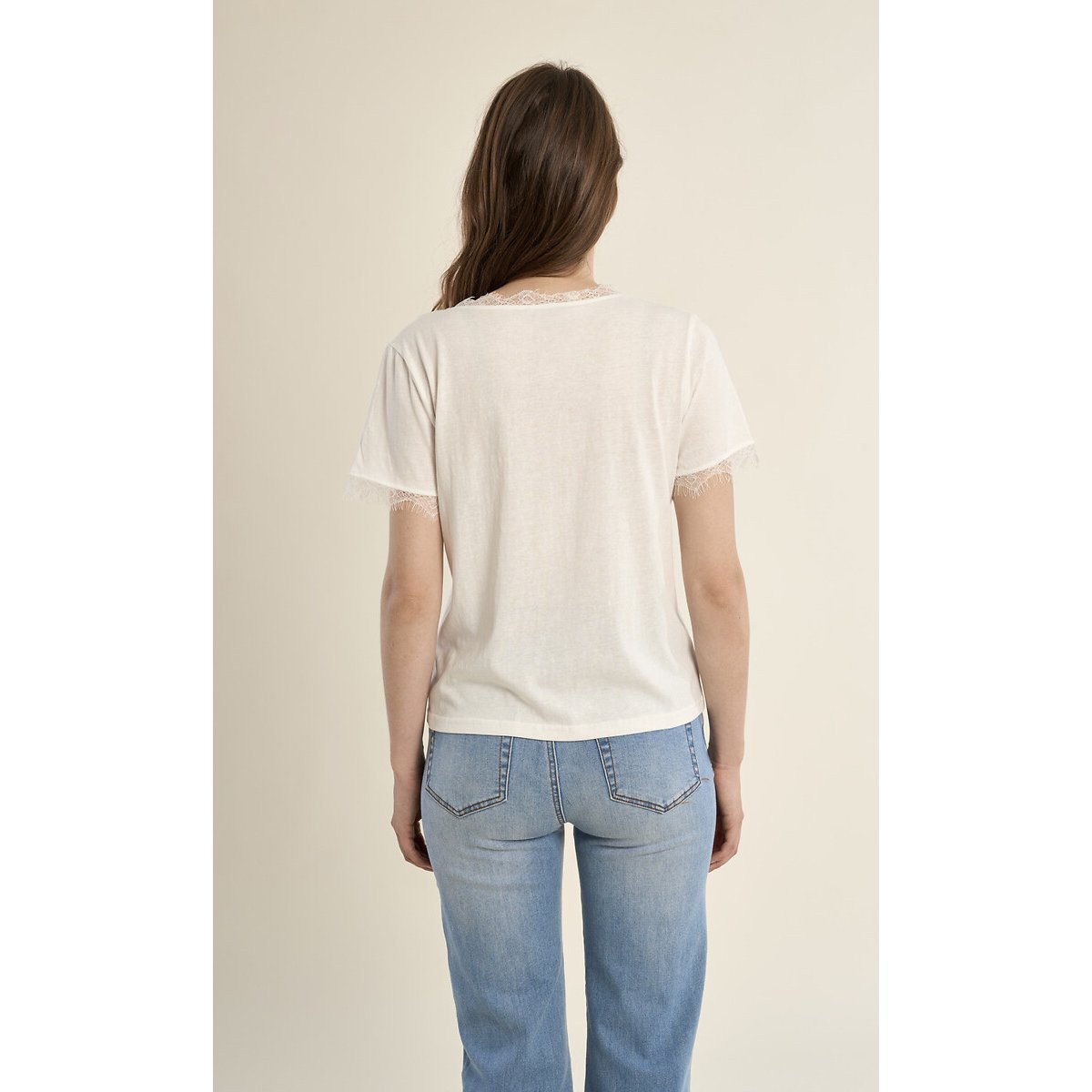 T-shirt manches courtes col v détail dentelle blanc, MOLLY BRACKEN