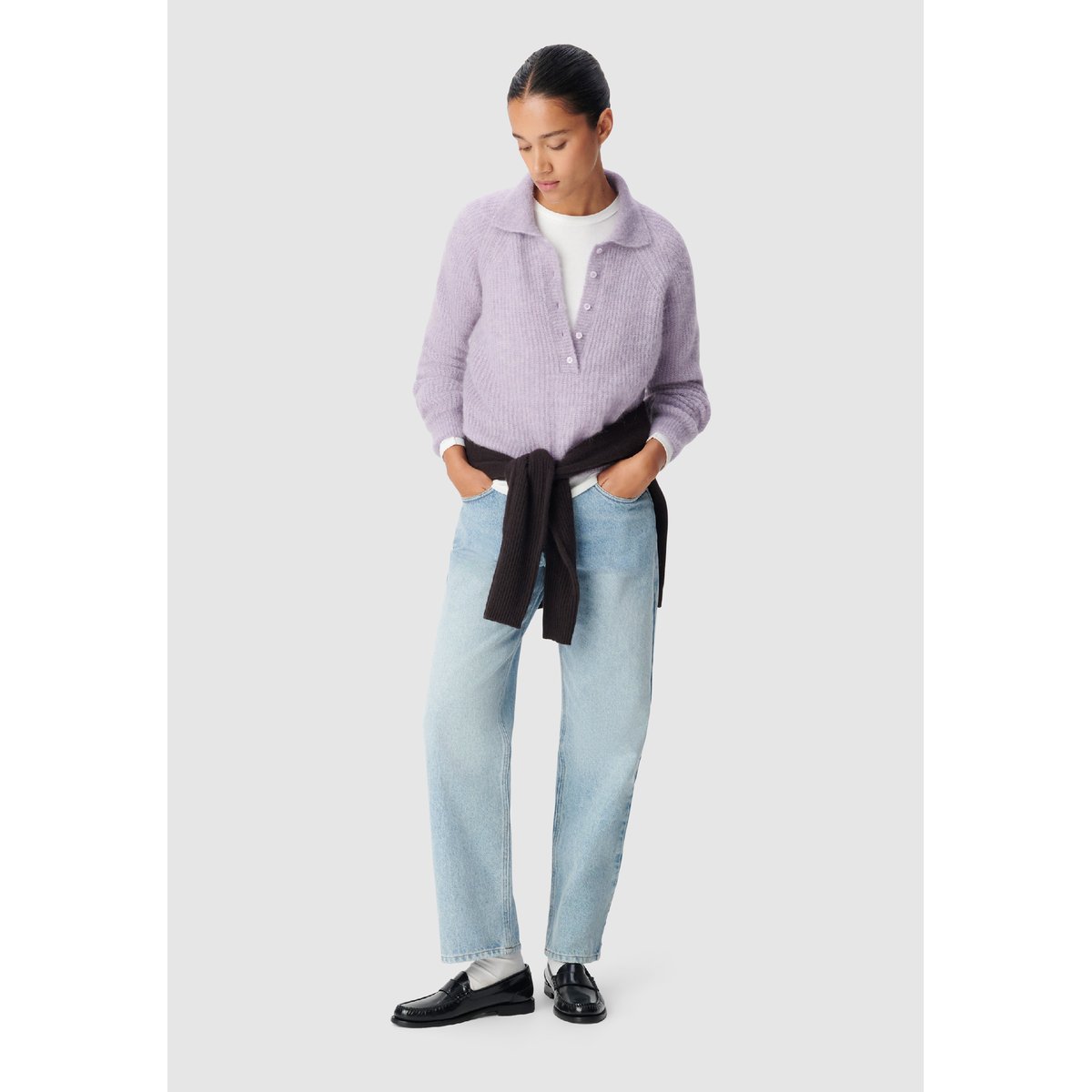 Pull col polo tricot alpaga mélangé violet clair, IKKS