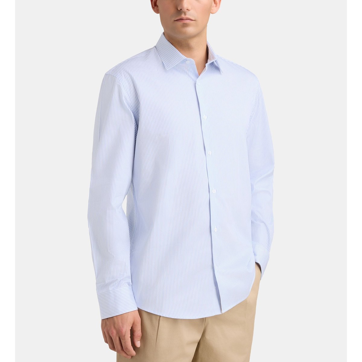 Chemise droite hsrrae rayures sans repassage coton bio bleu clair, GALERIES LAFAYETTE