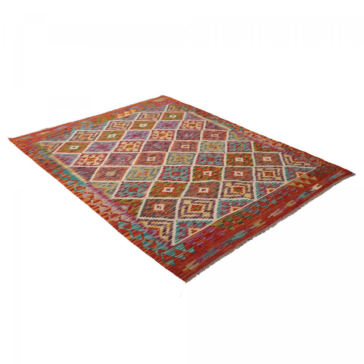 Tapis d'orient géométrique, tissé à plat, artisanal en laine multicolore, bleu, rouge, UN AMOUR DE TAPIS