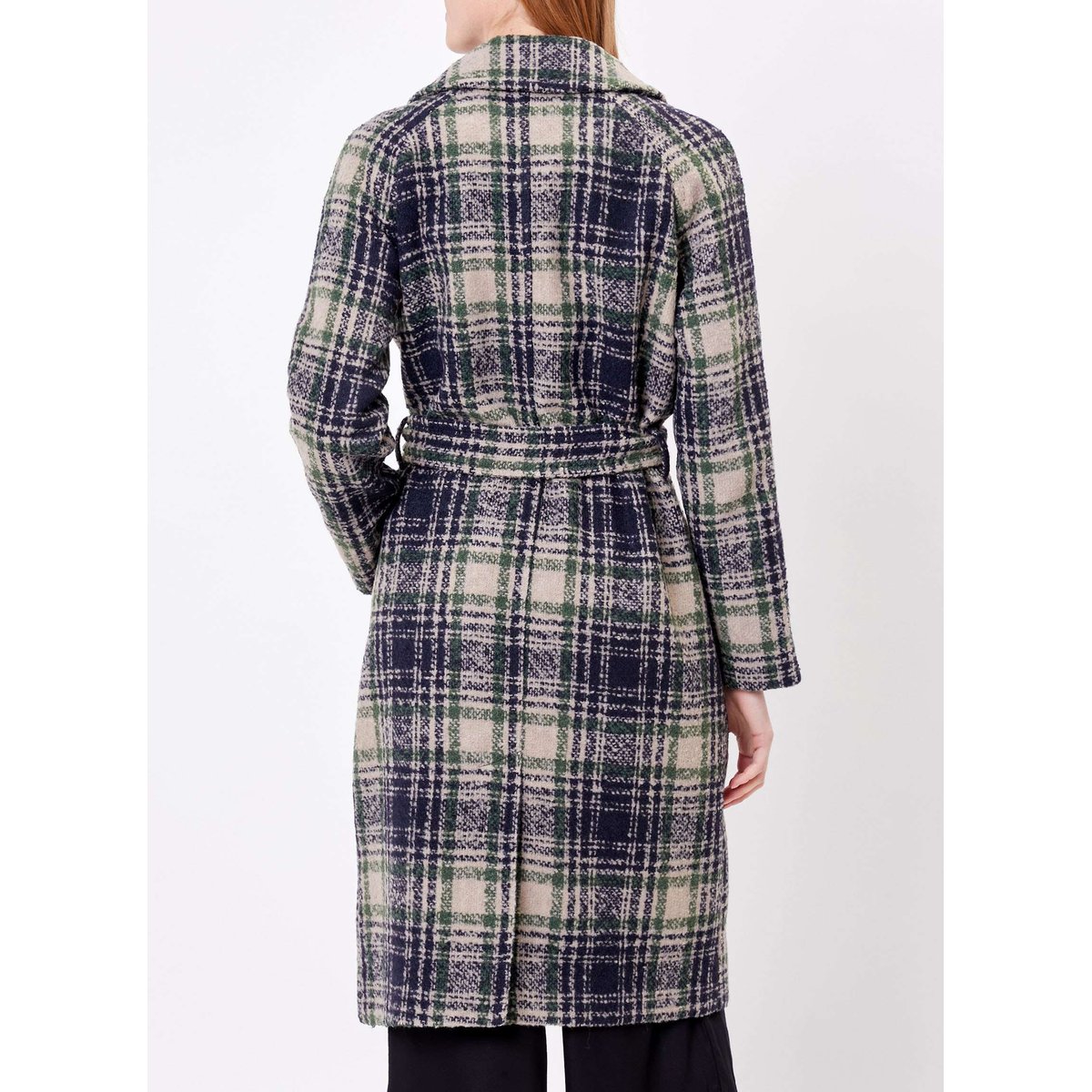 Manteau long en lainage motif BEKA bleu nuit vert, LA FIANCÉE