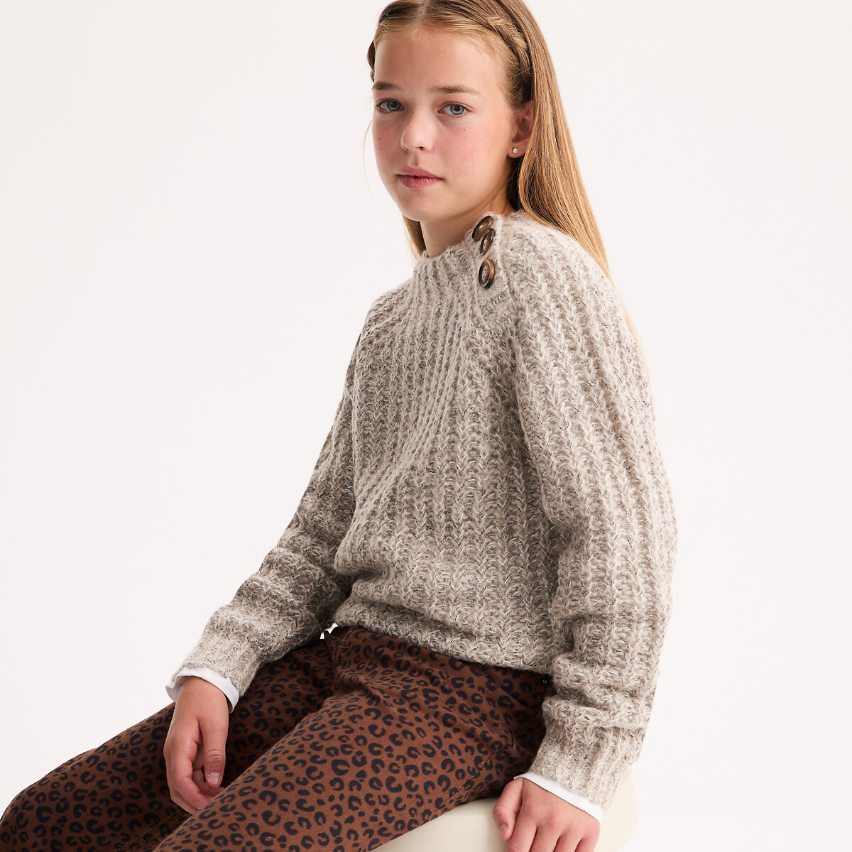 Chunky Knit Jumper with High Neck grey marl, LA REDOUTE COLLECTIONS