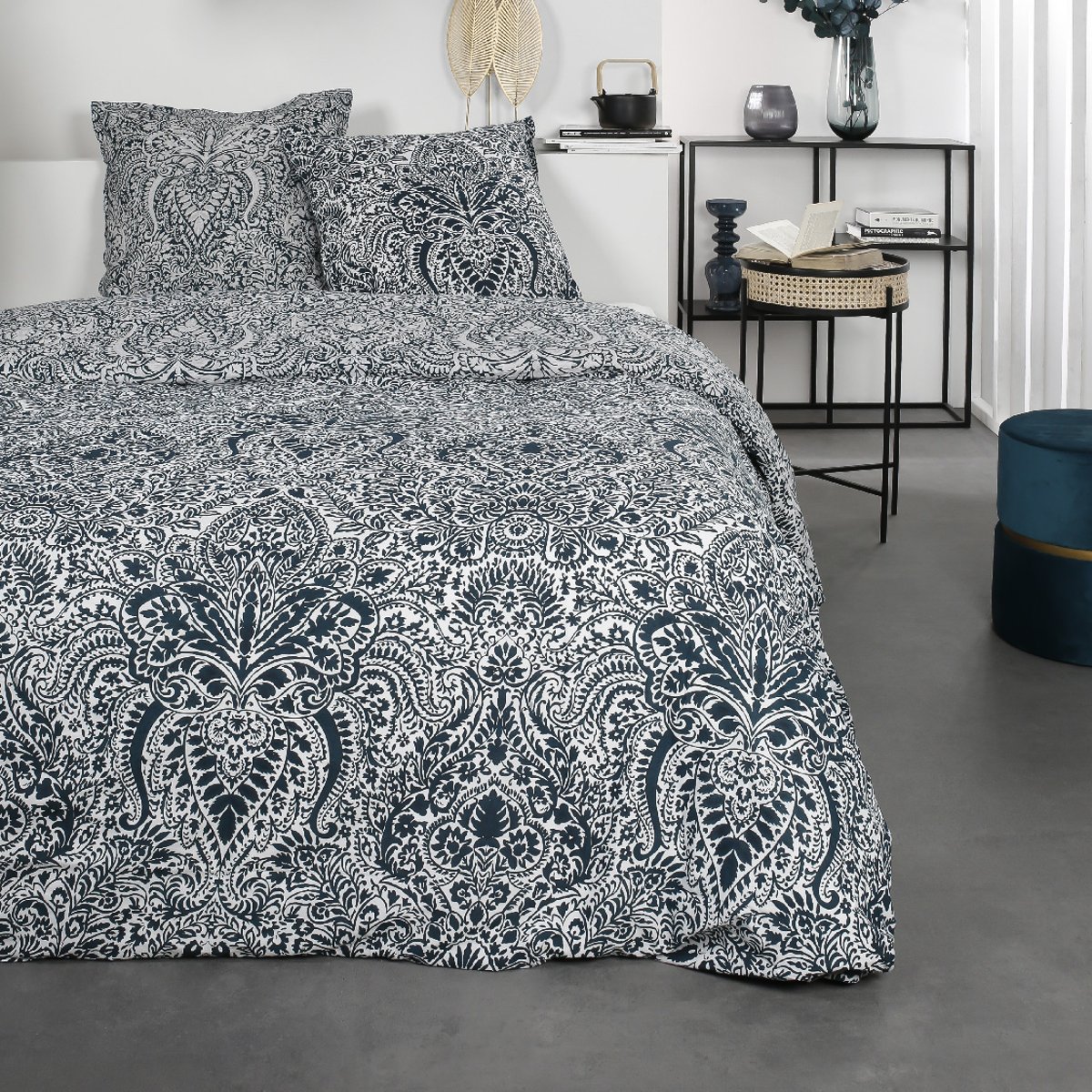 Parure de lit 2 personnes imprimé floral coton SUNSHINE AUDE bleu, TODAY