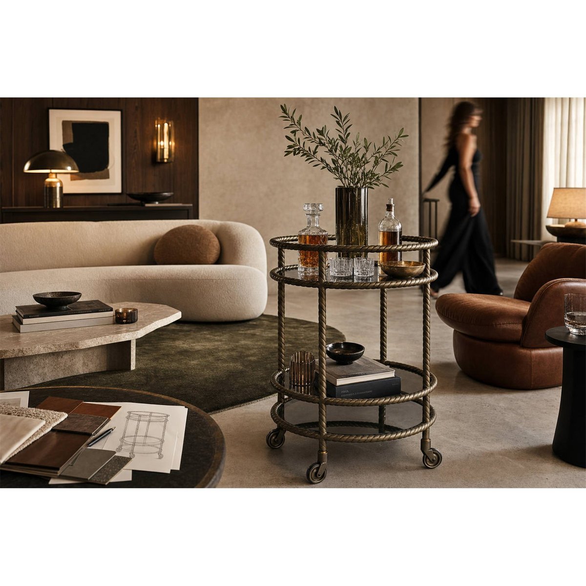 Desserte bar ronde en laiton fait main laiton antique, RECOLLECTION