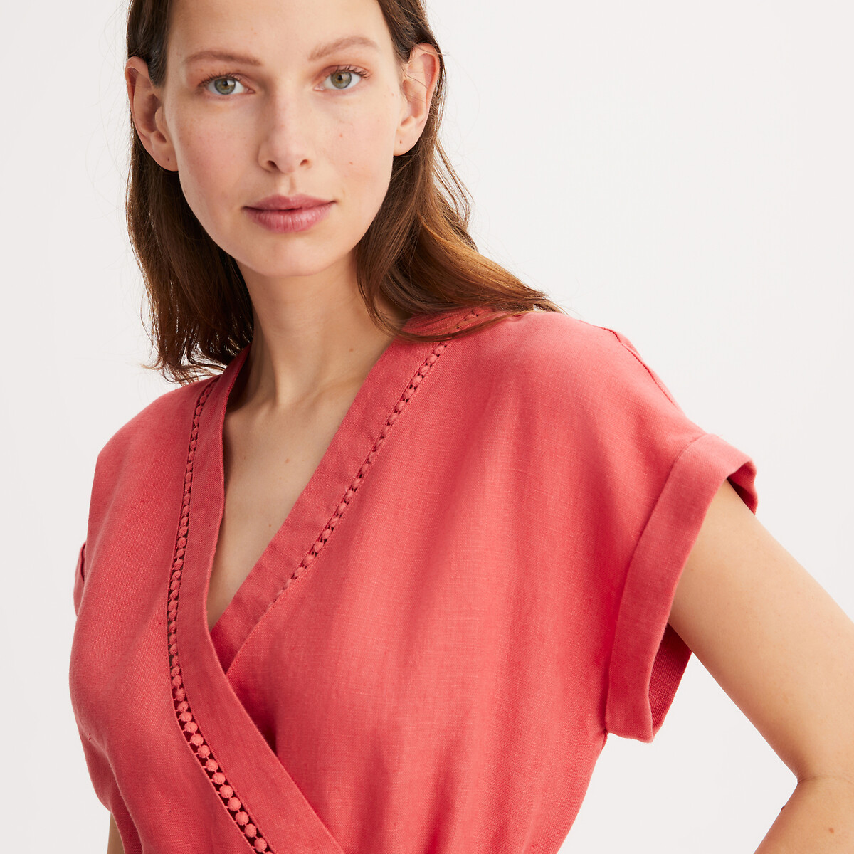 Linen Shift Dress, Midi 3/4 Length coral pink, ANNE WEYBURN