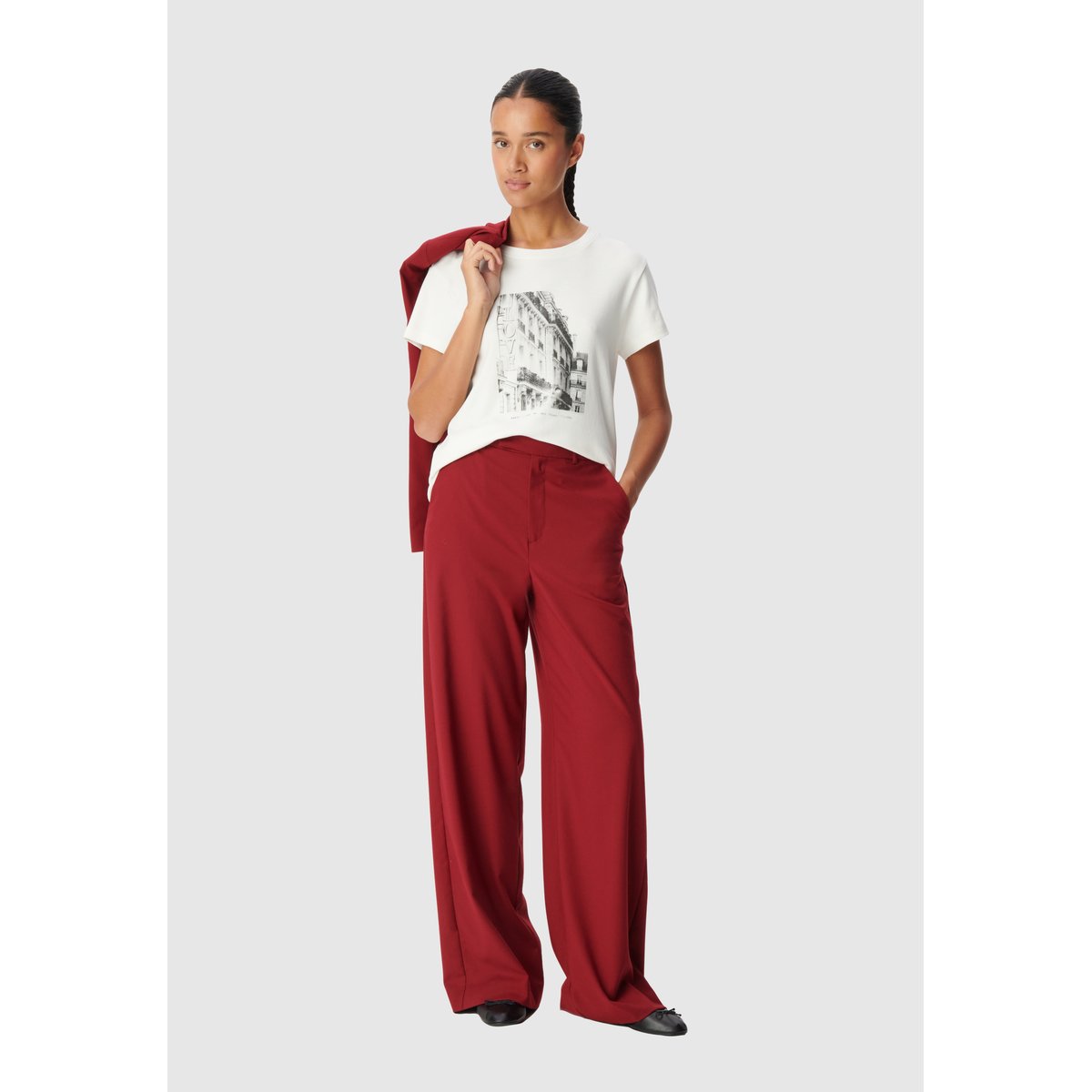 Tee-shirt col rond visuel immeuble blanc cassé, IKKS