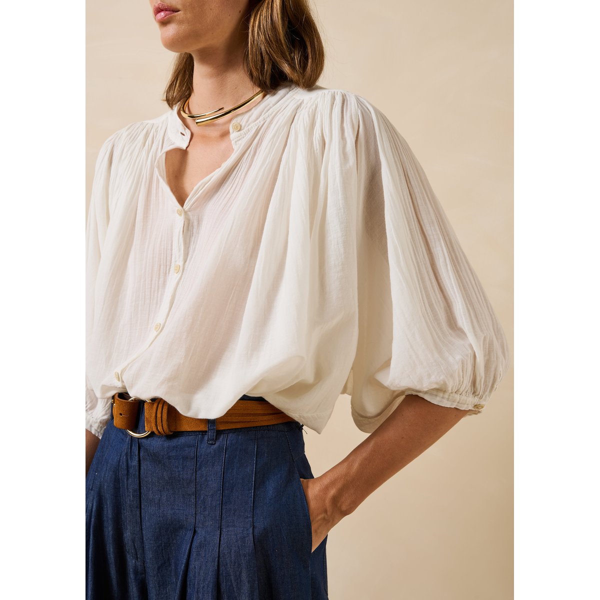 Chemisier en voile de coton fluide ecru, LA FEE MARABOUTEE