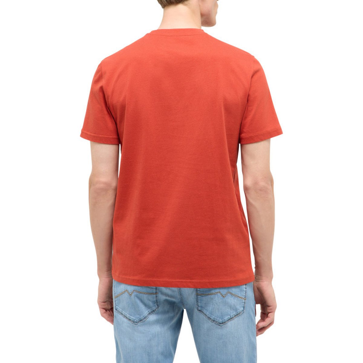 T-shirt en coton vert d'eau uni avec une coupe droite et un col rond rouge, MUSTANG