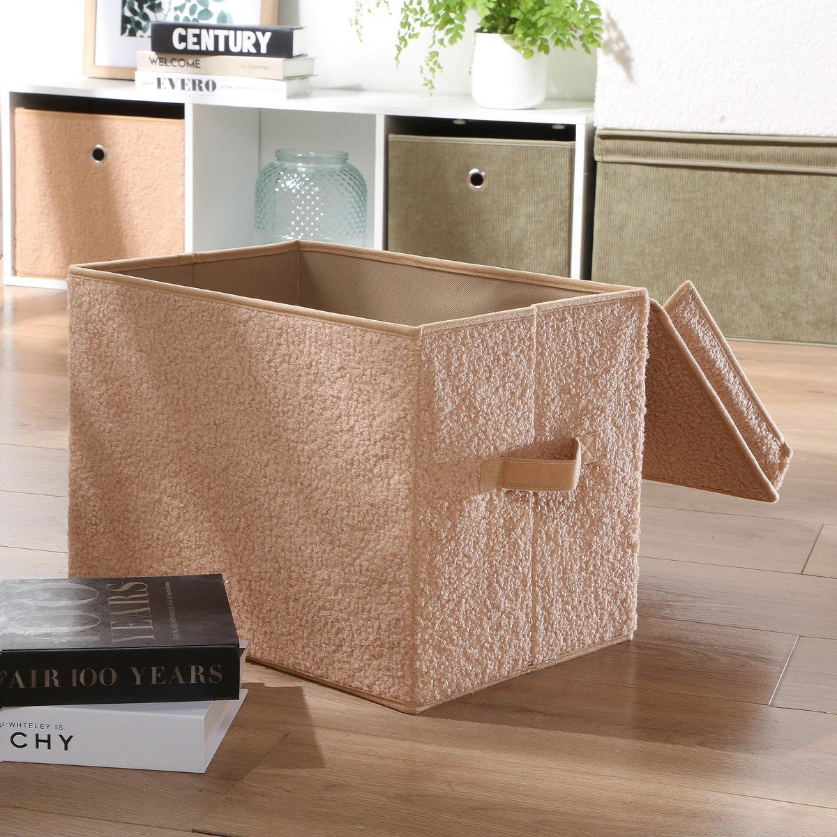 Boîte rangement haute avec couvercle tissu bouclette beige - H30 cm beige, CALICOSY