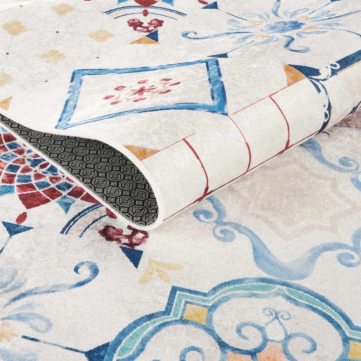 Tapis de cuisine, motif traditionnel kilim, tissé, LYN11 LISBONNE bleu, rouge, multicolore, UN AMOUR DE TAPIS