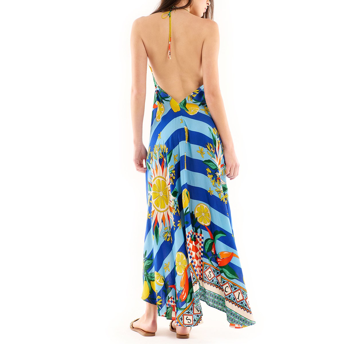 Robe de plage dos nu longue imprimé VOILA SICILY bleu, WILD